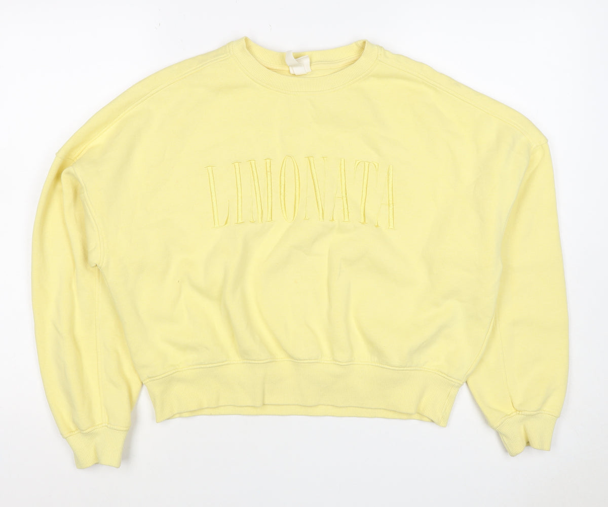 Back view of H&M Women Yellow S Pullover Sweatshirt Embroidered Logo Crew Neck