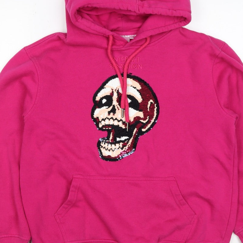 Internet Sensation Shop Women Pink M Skull Sequin Pullover Hoodie