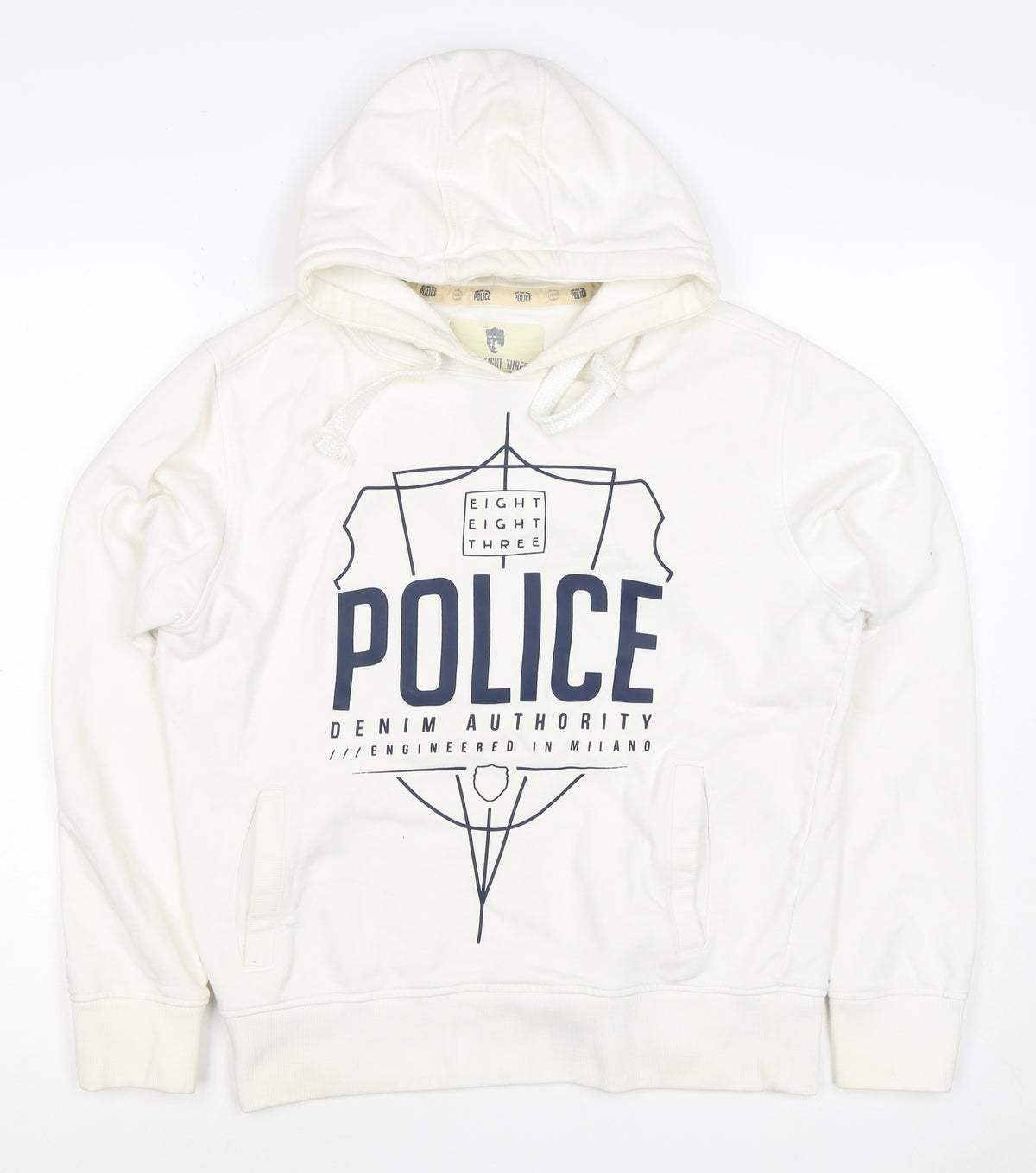 Back view of Eight Eight Three Police Men’s Ivory M Pullover Graphic Hoodie