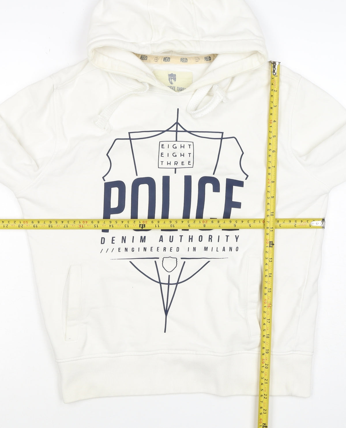 Brand and care label for Eight Eight Three Police Men’s Ivory M Pullover Graphic Hoodie