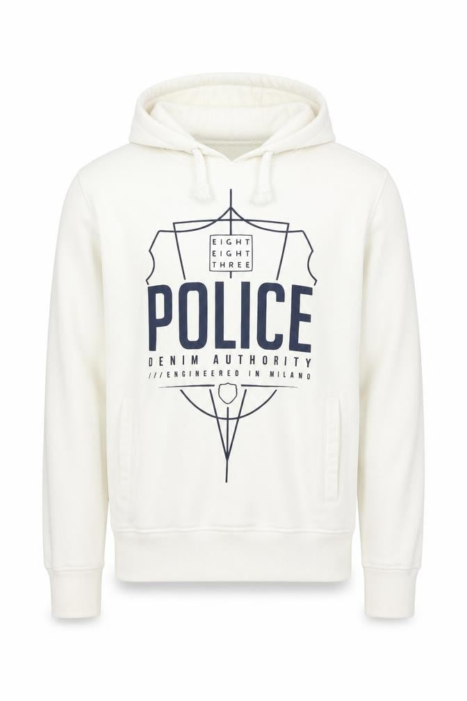 Front view of Eight Eight Three Police Men’s Ivory M Pullover Graphic Hoodie