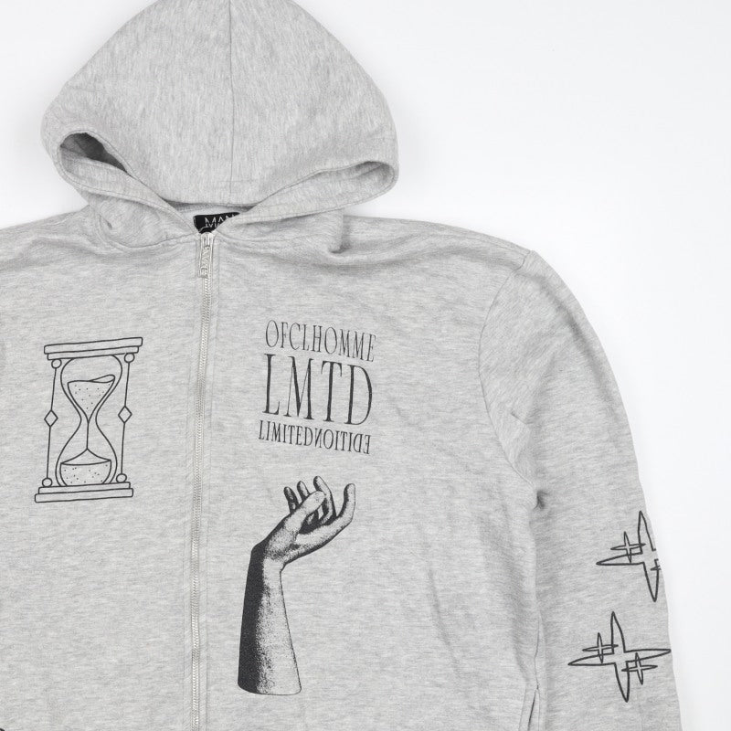 Additional view of boohooMAN Men’s Grey S Full Zip Graphic Print Hoodie Gothic