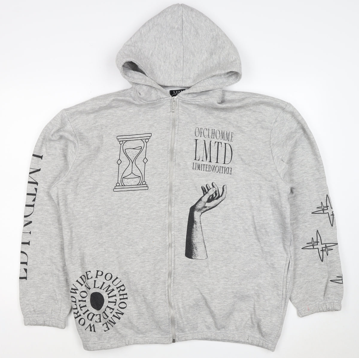 Back view of boohooMAN Men’s Grey S Full Zip Graphic Print Hoodie Gothic