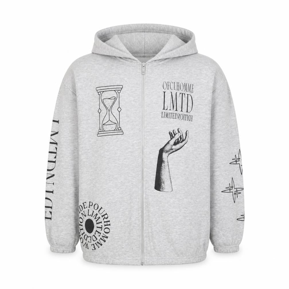 Front view of boohooMAN Men’s Grey S Full Zip Graphic Print Hoodie Gothic
