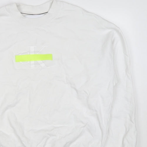 Calvin Klein Jeans Men White M Crew Neck Logo Sweatshirt Neon Stripe