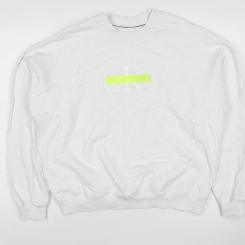 Calvin Klein Jeans Men White M Crew Neck Logo Sweatshirt Neon Stripe
