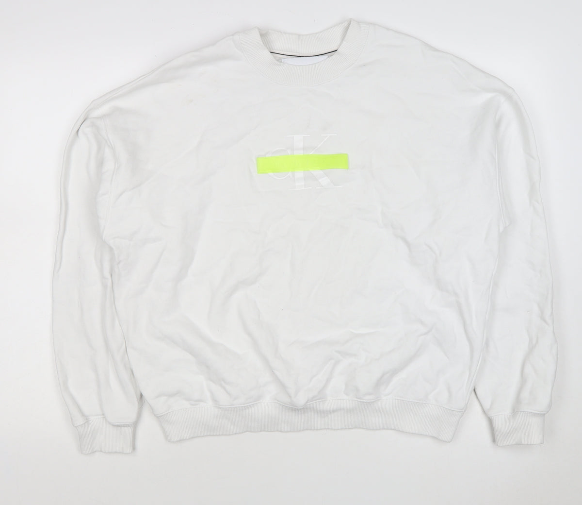 Calvin Klein Jeans Men White M Crew Neck Logo Sweatshirt Neon Stripe