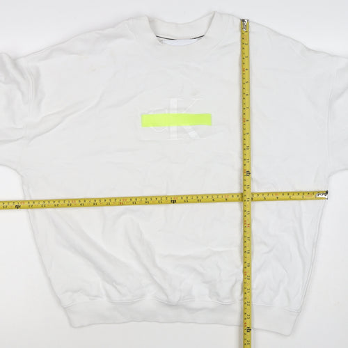 Calvin Klein Jeans Men White M Crew Neck Logo Sweatshirt Neon Stripe