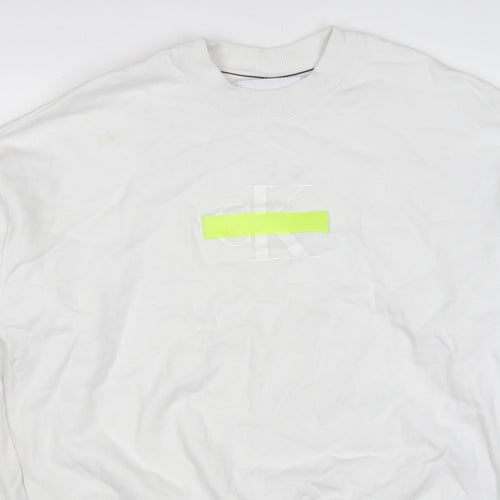Calvin Klein Jeans Men White M Crew Neck Logo Sweatshirt Neon Stripe