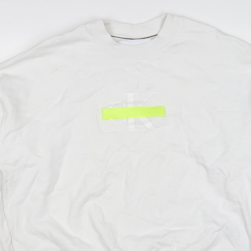 Calvin Klein Jeans Men White M Crew Neck Logo Sweatshirt Neon Stripe