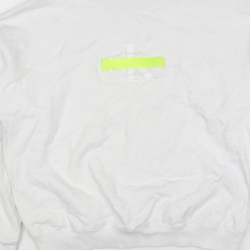 Calvin Klein Jeans Men White M Crew Neck Logo Sweatshirt Neon Stripe