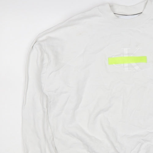 Calvin Klein Jeans Men White M Crew Neck Logo Sweatshirt Neon Stripe