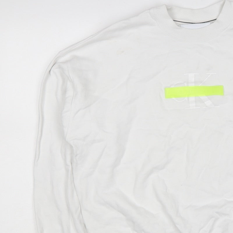 Calvin Klein Jeans Men White M Crew Neck Logo Sweatshirt Neon Stripe