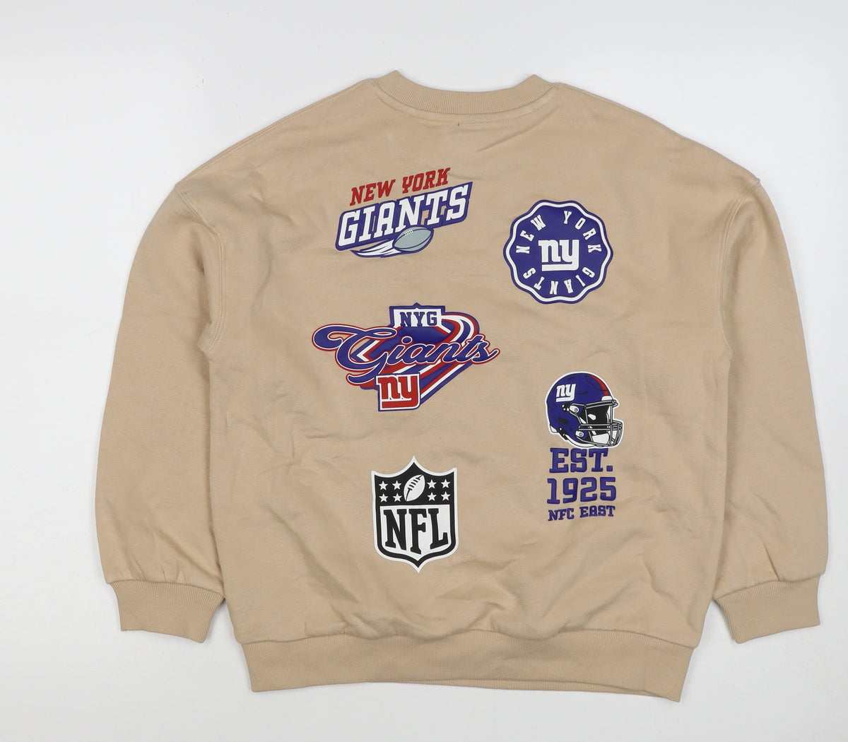 Close-up detail of NFL boys’ beige new york giants graphic print pullover sweatshirt 10-11 years
