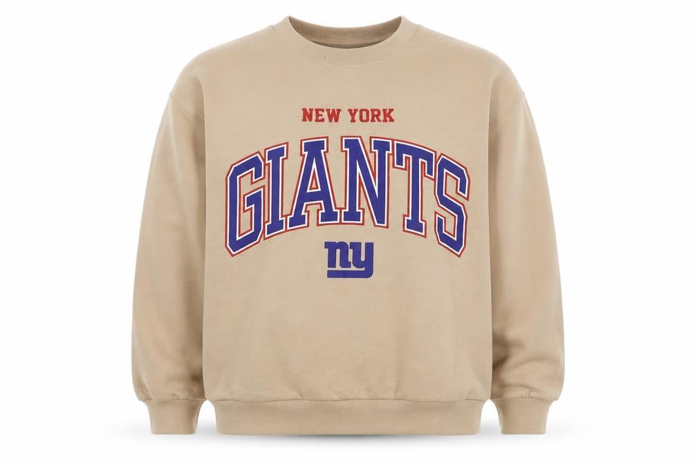 Front view of NFL boys’ beige new york giants graphic print pullover sweatshirt 10-11 years