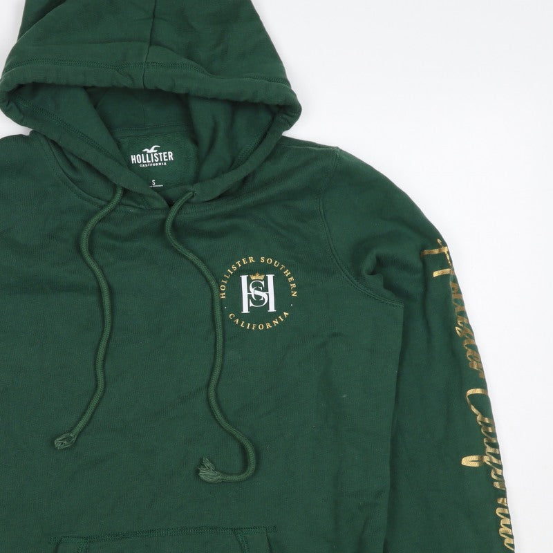 Hollister Men Green S Pullover Hoodie Logo Pocket Cotton Blend