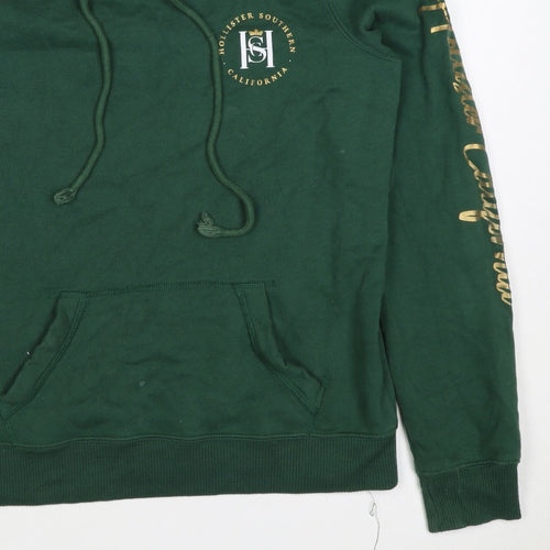 Hollister Men Green S Pullover Hoodie Logo Pocket Cotton Blend