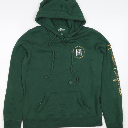 Hollister Men Green S Pullover Hoodie Logo Pocket Cotton Blend