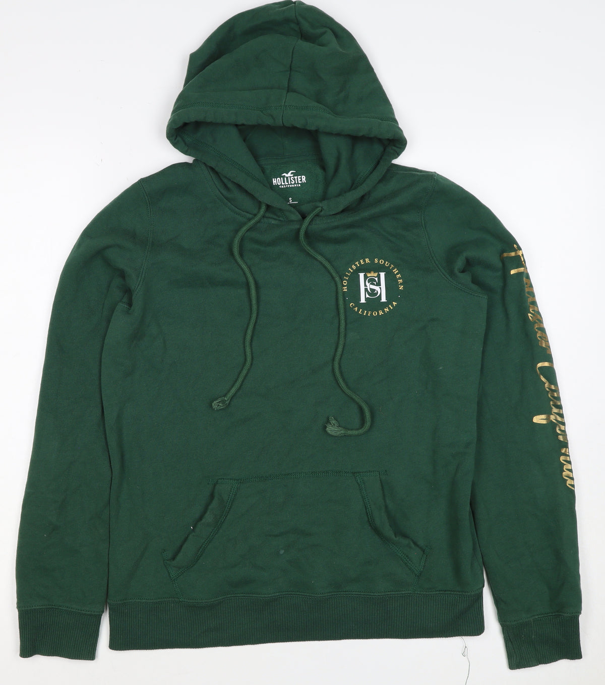 Hollister Men Green S Pullover Hoodie Logo Pocket Cotton Blend