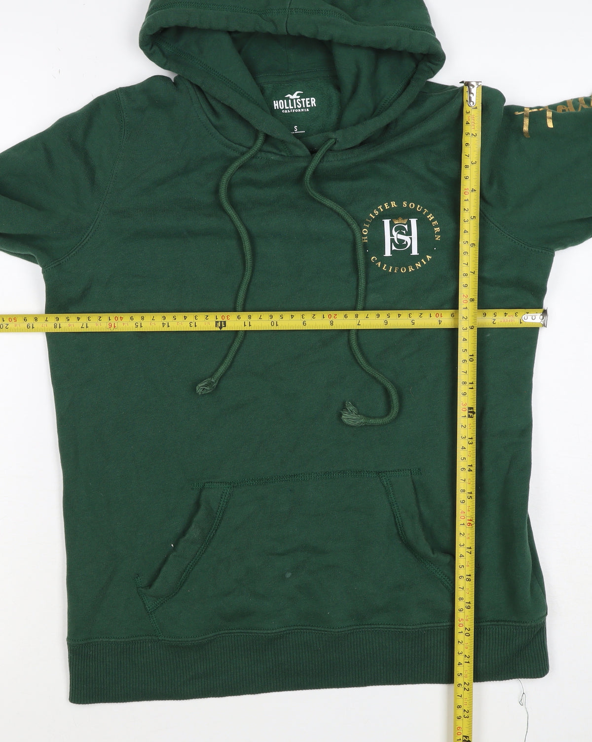 Hollister Men Green S Pullover Hoodie Logo Pocket Cotton Blend