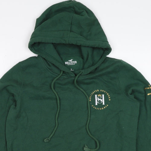 Hollister Men Green S Pullover Hoodie Logo Pocket Cotton Blend