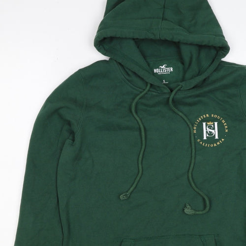 Hollister Men Green S Pullover Hoodie Logo Pocket Cotton Blend