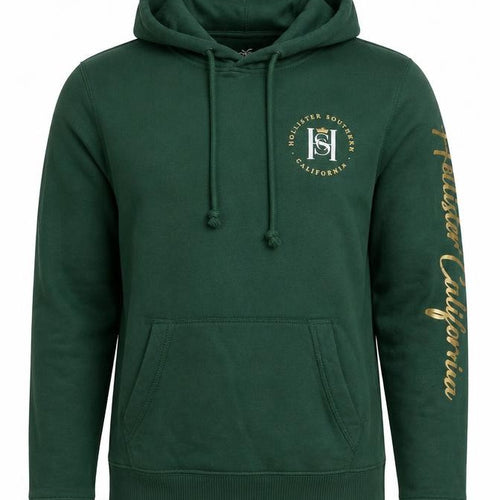 Hollister Men Green S Pullover Hoodie Logo Pocket Cotton Blend