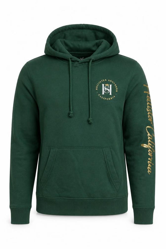 Hollister Men Green S Pullover Hoodie Logo Pocket Cotton Blend