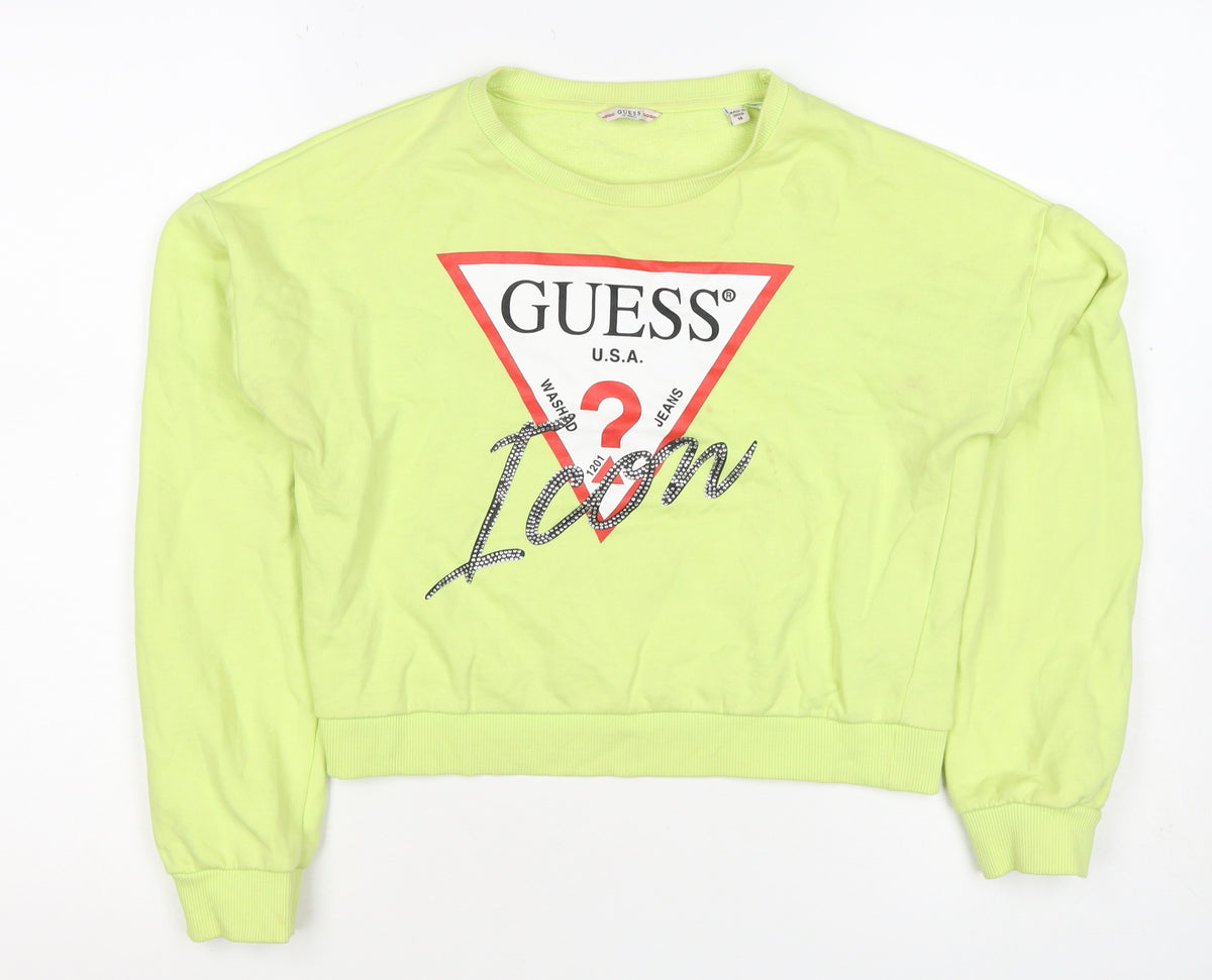Back view of Guess Teens Yellow Logo Rhinestone Pullover Sweatshirt, size 14