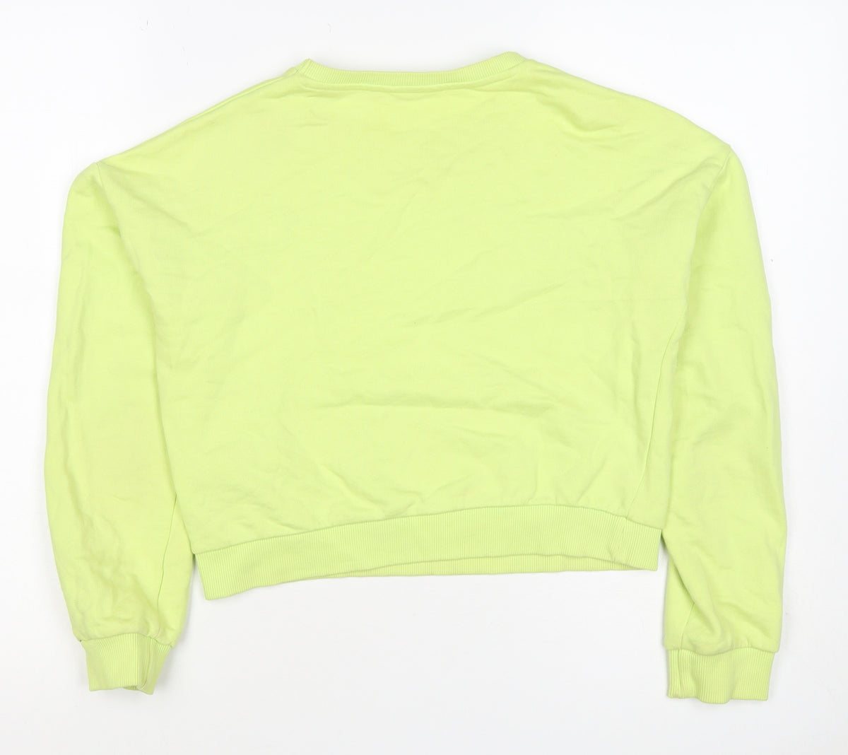 Close-up detail of Guess Teens Yellow Logo Rhinestone Pullover Sweatshirt, size 14