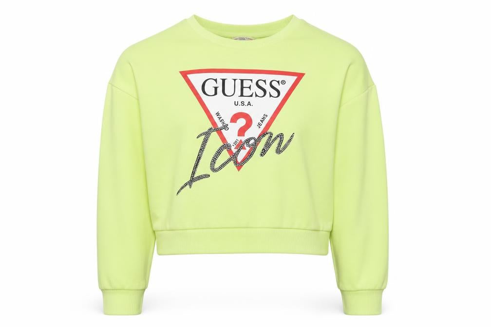 Front view of Guess Teens Yellow Logo Rhinestone Pullover Sweatshirt, size 14