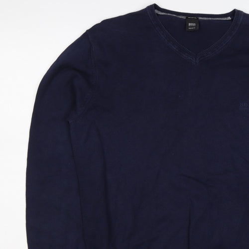 BOSS Hugo Boss Men’s Blue XL V-Neck Cotton Logo Pullover Jumper