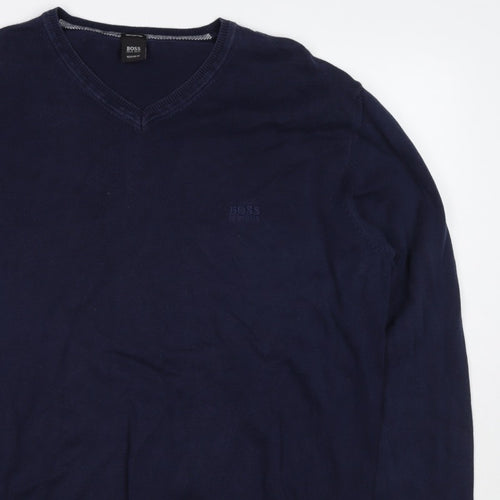 BOSS Hugo Boss Men’s Blue XL V-Neck Cotton Logo Pullover Jumper