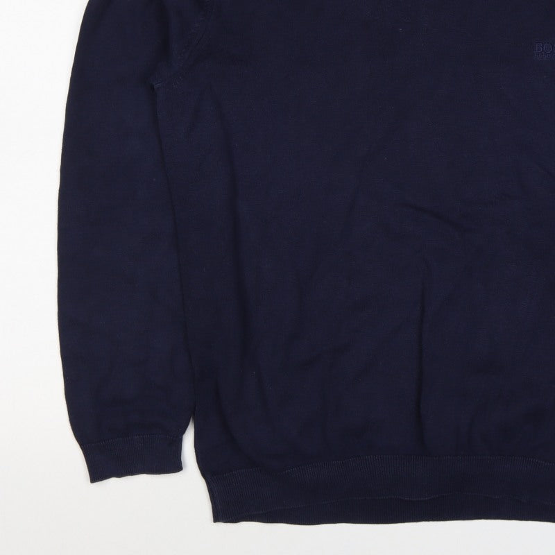 BOSS Hugo Boss Men’s Blue XL V-Neck Cotton Logo Pullover Jumper