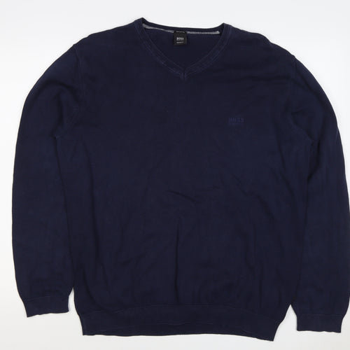 BOSS Hugo Boss Men’s Blue XL V-Neck Cotton Logo Pullover Jumper