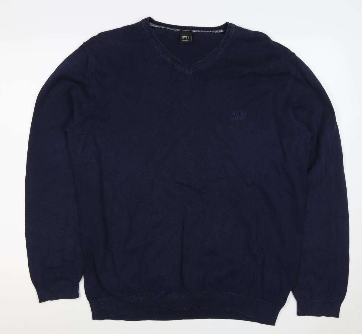 BOSS Hugo Boss Men’s Blue XL V-Neck Cotton Logo Pullover Jumper