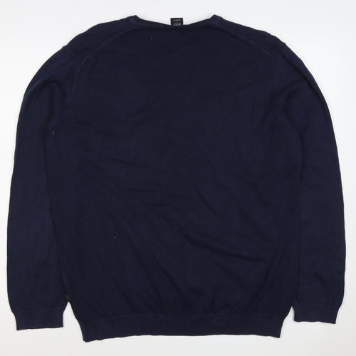 BOSS Hugo Boss Men’s Blue XL V-Neck Cotton Logo Pullover Jumper