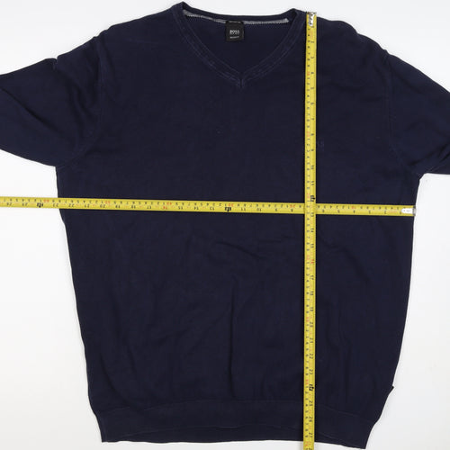 BOSS Hugo Boss Men’s Blue XL V-Neck Cotton Logo Pullover Jumper