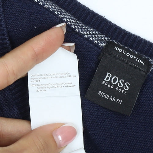 BOSS Hugo Boss Men’s Blue XL V-Neck Cotton Logo Pullover Jumper