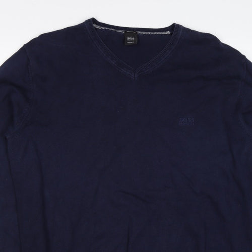 BOSS Hugo Boss Men’s Blue XL V-Neck Cotton Logo Pullover Jumper
