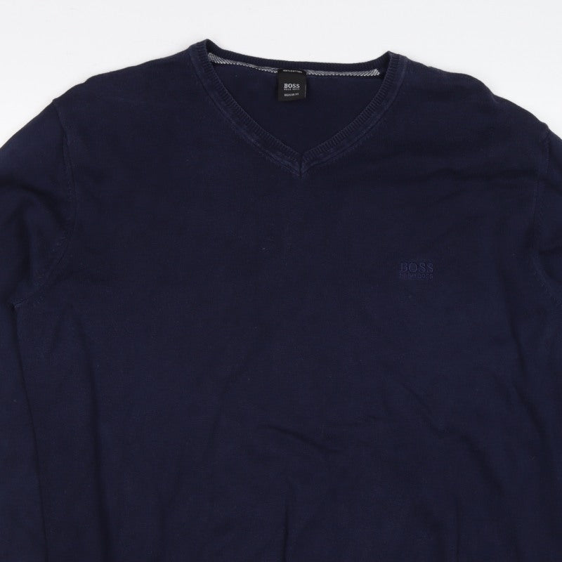 BOSS Hugo Boss Men’s Blue XL V-Neck Cotton Logo Pullover Jumper