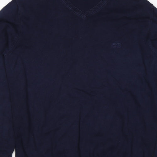 BOSS Hugo Boss Men’s Blue XL V-Neck Cotton Logo Pullover Jumper
