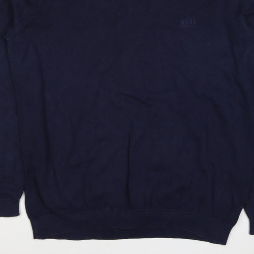 BOSS Hugo Boss Men’s Blue XL V-Neck Cotton Logo Pullover Jumper