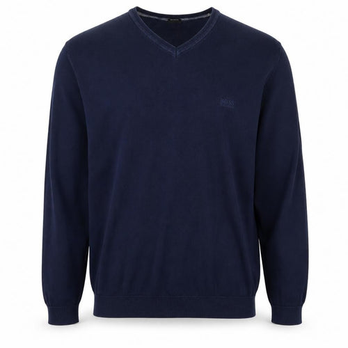 BOSS Hugo Boss Men’s Blue XL V-Neck Cotton Logo Pullover Jumper