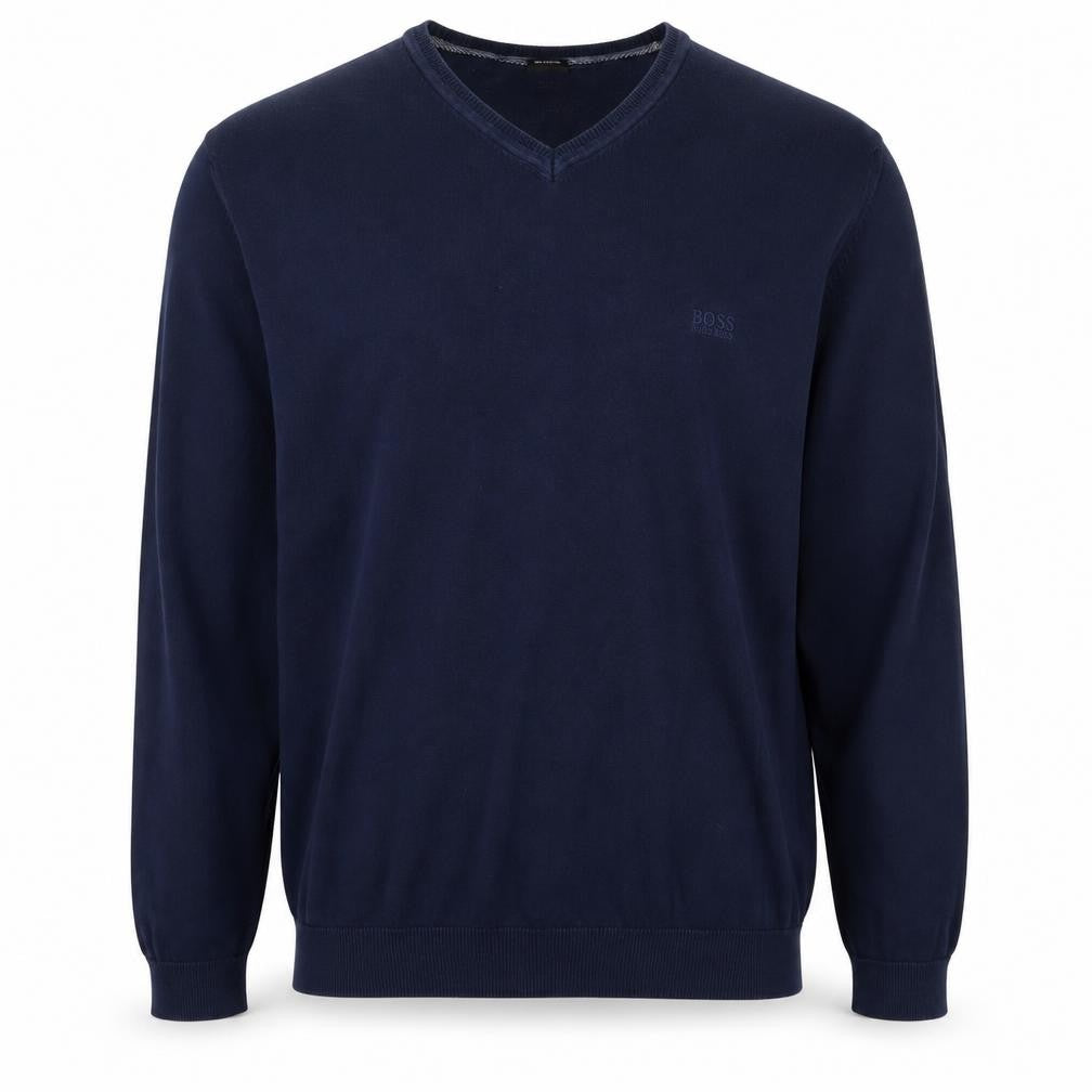BOSS Hugo Boss Men’s Blue XL V-Neck Cotton Logo Pullover Jumper