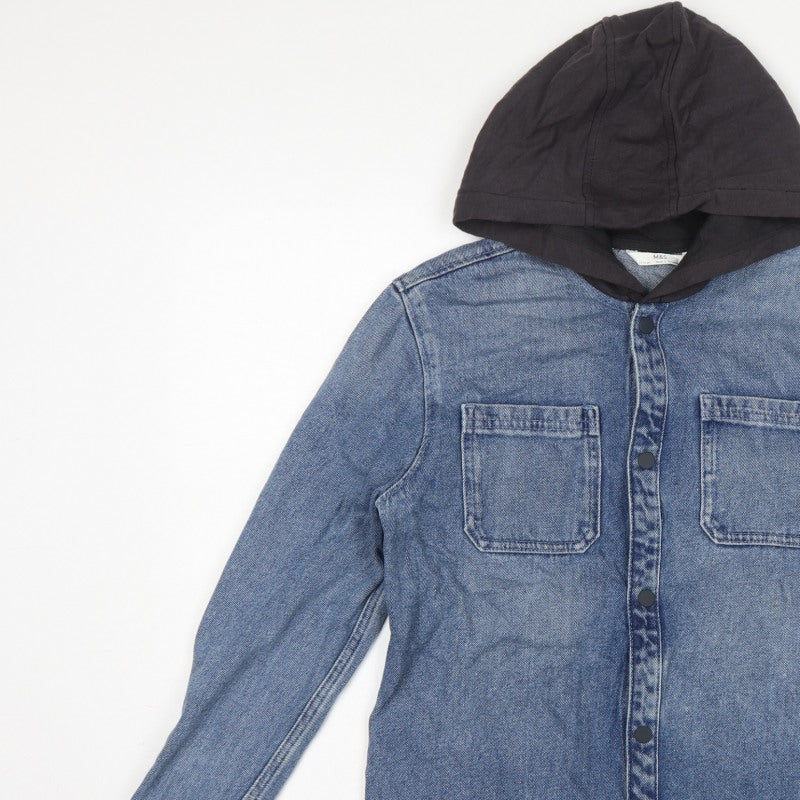 Marks & Spencer Boys Blue 13-14 Years Hooded Denim Shirt Jacket