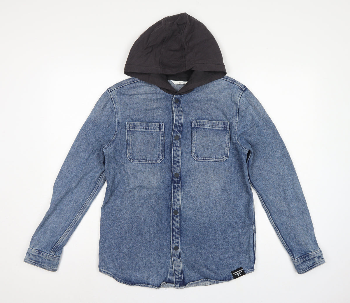 Marks & Spencer Boys Blue 13-14 Years Hooded Denim Shirt Jacket