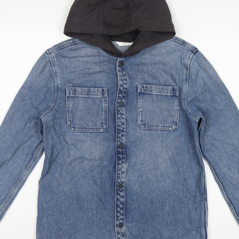 Marks & Spencer Boys Blue 13-14 Years Hooded Denim Shirt Jacket