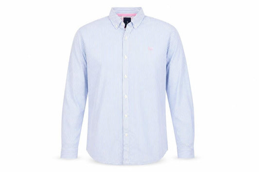 Front view of Crew Clothing Company Men’s Blue White Stripe Classic Fit Shirt L