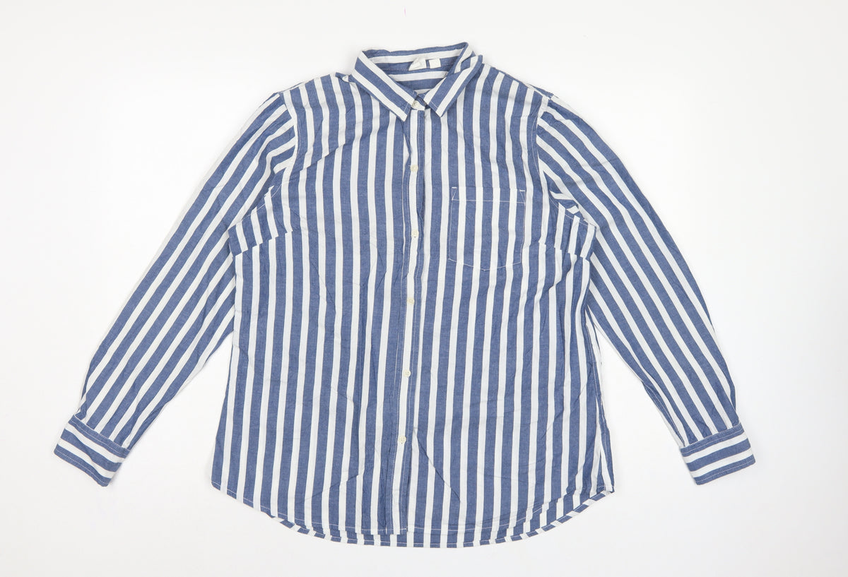 GAP Women Blue White Striped M Classic Cotton Button-Up Shirt